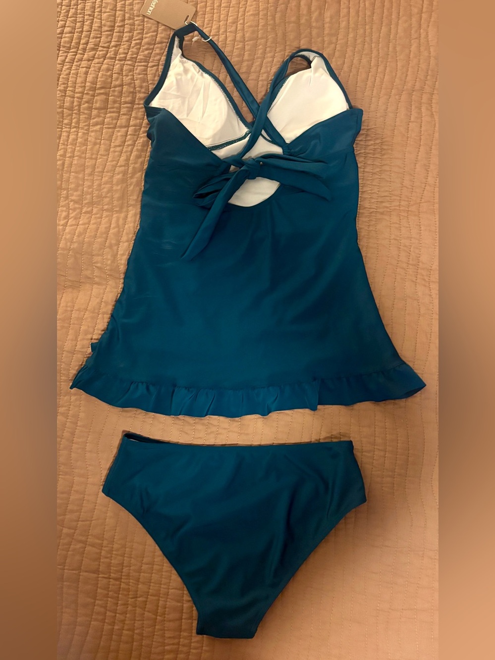 Back Tie Ruffle Bikini Set: Adjustable Bandeau & High Waist Bottoms In Sea Green - Picture 3 of 7